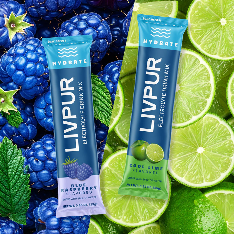 LIVPUR Electrolyte Hydration Powder, Cool Lime & Blue Raspberry, 16 Sticks | Variety pack with essential amino acids and vitamins C, B6, B12; single-serve instant sports drink mix Best of Both