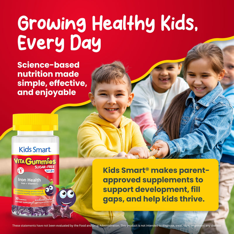 Kids Smart Iron Health Gummies, Iron + Vitamin C, Energy & Immune, Kids 3+ | Iron + Vitamin C, Sugar-Free Vegan Gummy Vitamins, Gluten-Free, Non-GMO, Supports Energy, Immunity & Iron Absorption, 30 Ct