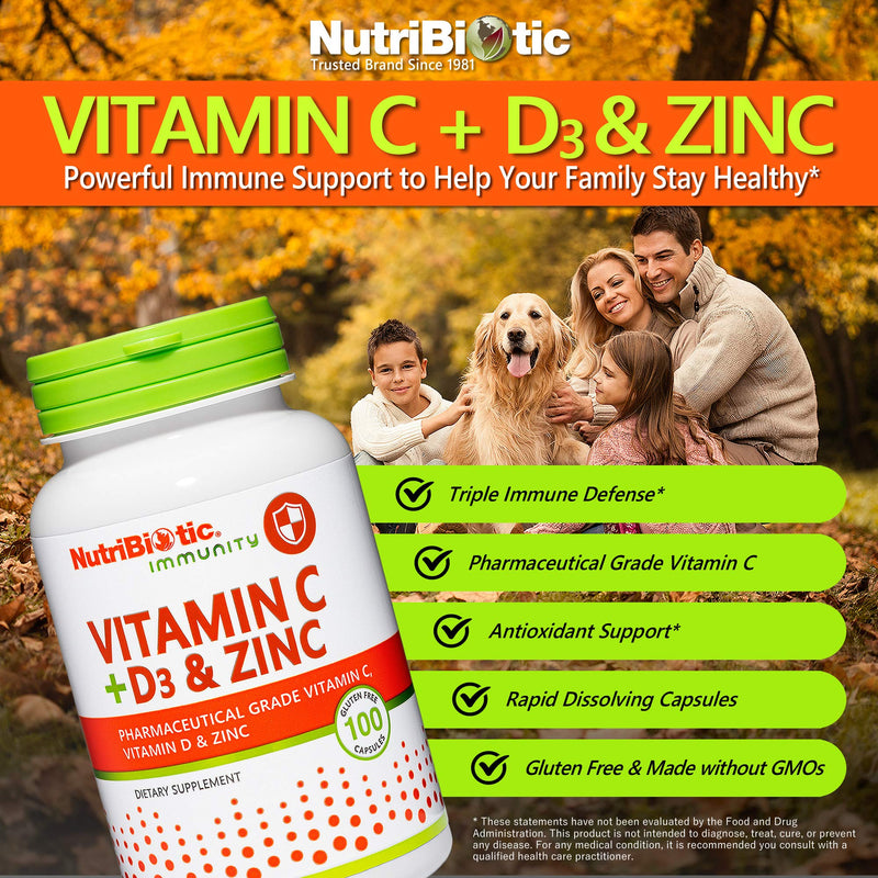 NutriBiotic – Vitamin C + Vitamin D3 & Zinc, 100 Capsules | Potent, Comprehensive Immune Support | Essential & Antioxidant Daily Supplement | Gluten & GMO Free (Pack of 2) 100 Count (Pack of 2)