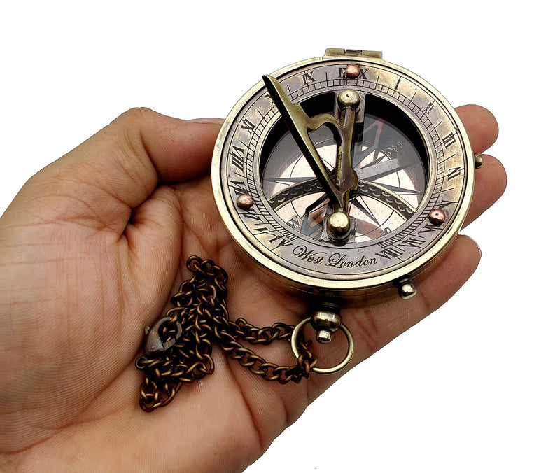 5MoonSun5's Antique Brass Sundial Compass Marine Boat Gift Pocket Sun Dial in Leather Display Box Nautical Marine Gift Sun Clock Pirate Ship Replica Watch Steampunk Accessory - BeesActive Australia