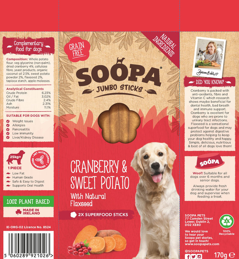 Soopa Cranberry & Sweet Potato Jumbo Dog Dental Sticks, Vegan, Human-Grade Dog Chews to Clean Teeth, Freshen Breath, Natural, Superfood, Healthy Grain Free Treats for Large Dogs, 170g, 1-Pack 1 g (Pack of 1)