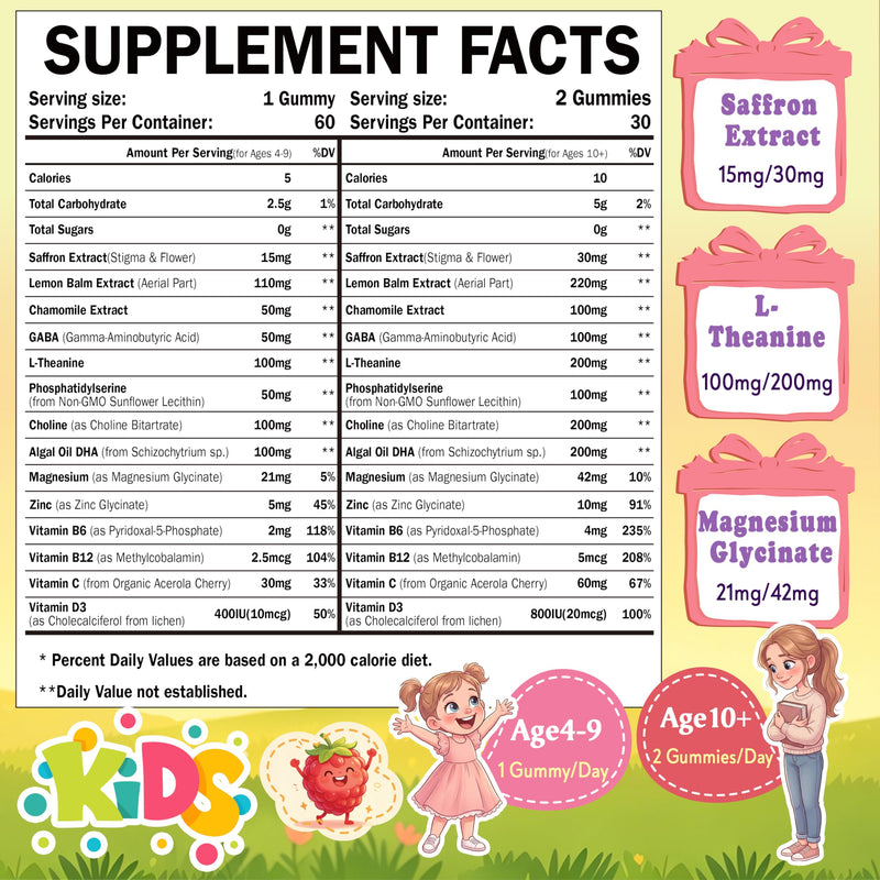 Saffron Gummies Kids Teen 14in1 30mg Saffron Extract No Sugar 60ct | Organic Saffron, Magnesium Glycinate, PS, L-Theanine, Chamomile, Vitamins B6 & B12, No Sugar, for Kids & Teens 4+