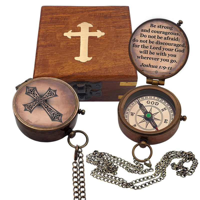 Baptism Gift Personalized Keepsake Compass Engraved Cross and Be Strong and Courageous, Confirmation Gift Ideas, Gift of Faith. Missionary Antique with Wooden Box - BeesActive Australia
