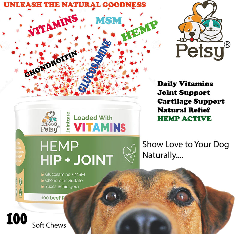 Petsy Hip and Joint Supplements for Dogs CALMING Hemp ACTIVE, Glucosamine, Chondroitin, MSM. Multivitamins |100 SOFT Chews| Daily NATURAL Aid CALMING Hemp oil suitable for All Dogs + Age Related Pain One Tub
