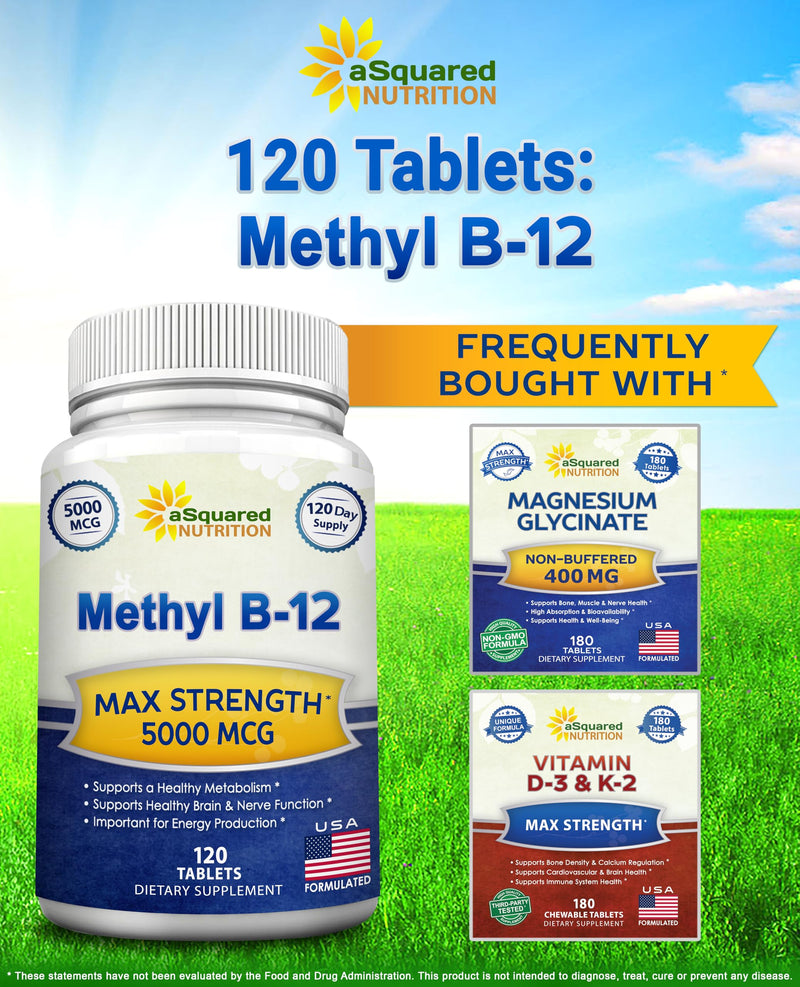 Vitamin B12 - 5000 MCG Supplement with Methylcobalamin (Methyl B-12) - 120 | Max Strength B12 Vitamins - 120 Tablets - Methylated Vit B 12 Support for Men & Women - Help Boost Energy & Brain Health