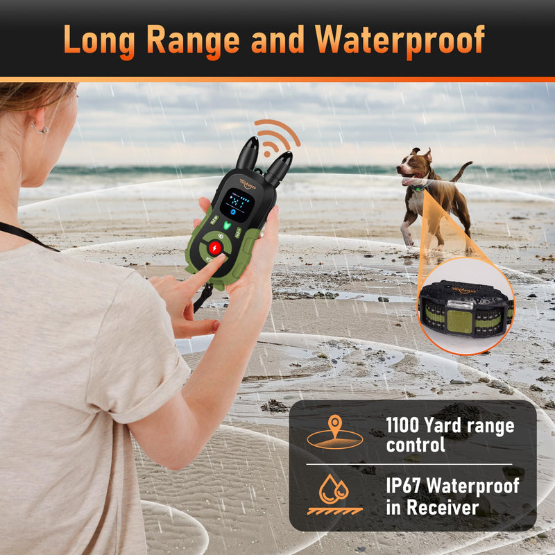 Dog Shock Collar with Remote Control for Large Medium Small Dogs, Dog Training Collar with Light, E-Collar Rechargeable, 3300FT, 124 Levels, IP67 Waterproof, Safety Lock Green - BeesActive Australia