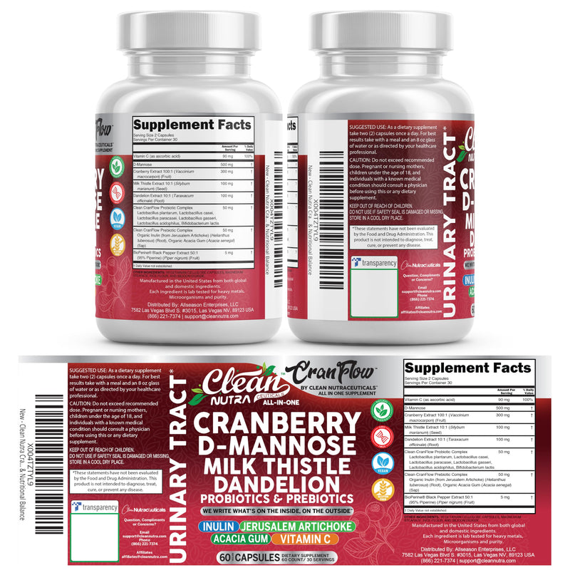 Cran Flow Cranberry Pills for Urinary Health D-Mannose Milk Thistle Dandelion Inulin Vitamin C Prebiotics and Probiotics Bladder Support By Clean Nutra