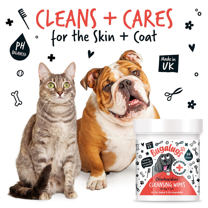 BUGALUGS Dog Wipes for pawly skin - 100 Biodegradable dog grooming pet wipes. Use as Dog ear wipes, dog eye wipes, dog face wipes, Paw & Bum wipes for puppy, dogs & cat grooming