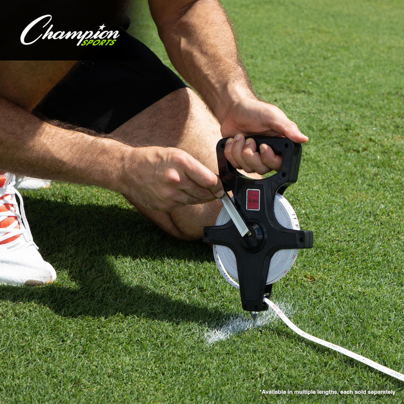 Champion Sports Open Reel Measuring Tapes – Durable Hand Crank with Metal Spike, Dual-Sided Feet & Meters, Perfect for Track & Field and Long Jump, 200 Feet/60 Meters 60 m