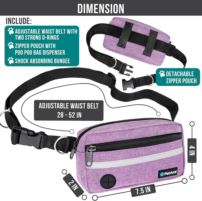 PetAmi Hands Free Dog Leash, Dog Running Leash Belt for Walking Jogging, Dog Waist Zipper Pouch Fanny Pack with Poop Bag Dispenser, Dual Padded Handle Bungee Leash for Small Medium Large Dogs, Double 2 Leashes Purple - BeesActive Australia