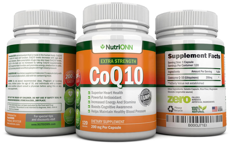 NutriONN CoQ10 200mg (Double Strength), 120 Capsules - High Absorption Coenzyme Q10 - Scientifically Proven Extra Strength CoQ10 Ubiquinone - 4 Month Supply
