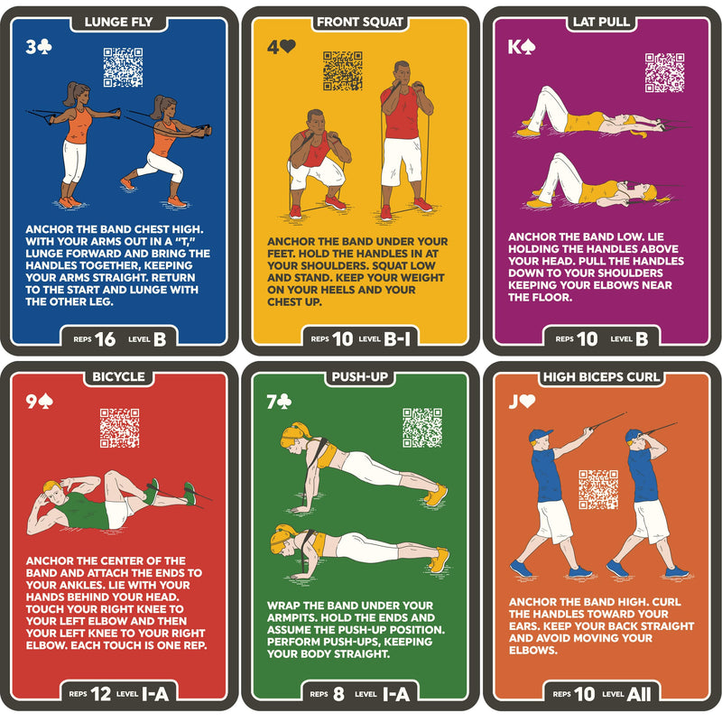 Stack 52 Resistance Band Exercise Cards. Exercise Band Workout Playing Card Game. Video Instructions Included. Home Fitness Training Program for Elastic Rubber Stretch Band Sets. (Updated Deck) Updated Deck - BeesActive Australia