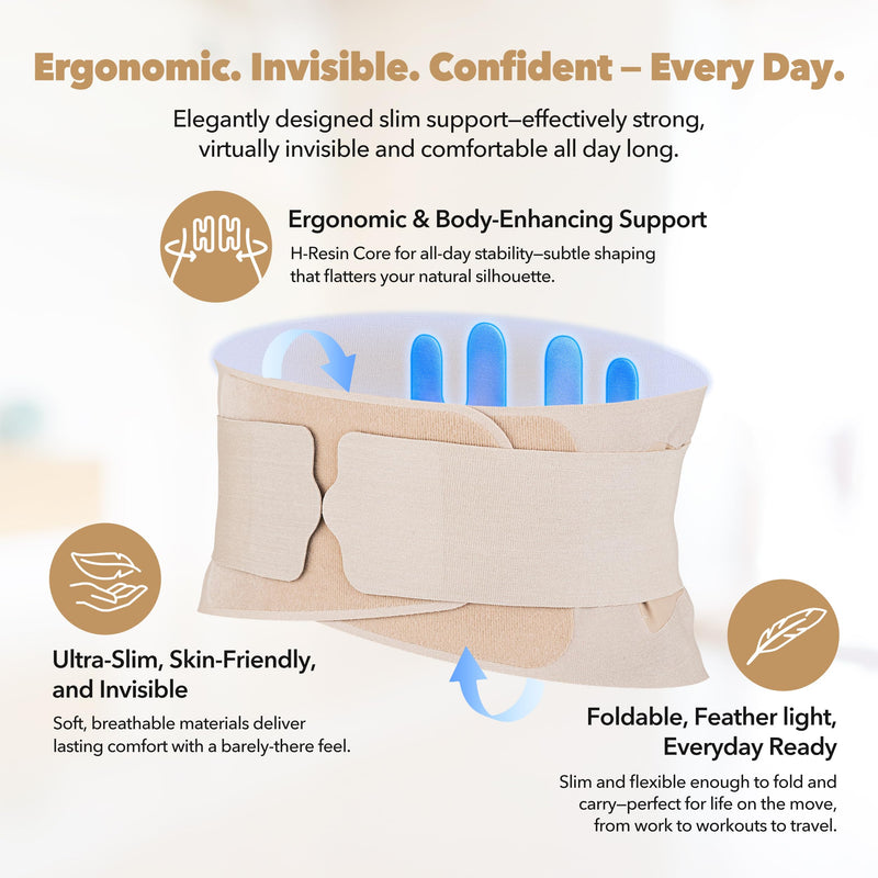 Slim Fit Lower Back Brace – Ultra-Thin Ergonomic H-Shaped Resin Support, Seamless Design for Strong & Comfortable Lumbar Support, Lightweight & Discreet Back Brace (Beige, X-Large) Beige