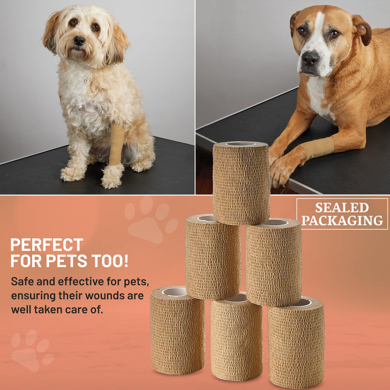 Self Adherent Wrap - Bulk Pack of 6, Athletic Tape Rolls and Sports Wraps, Self Cohesive Non-Woven Adhesive Bandage (3 in x 5 Yards) for Ankle Sprains & Swelling 6 Count (Pack of 1) Beige - BeesActive Australia