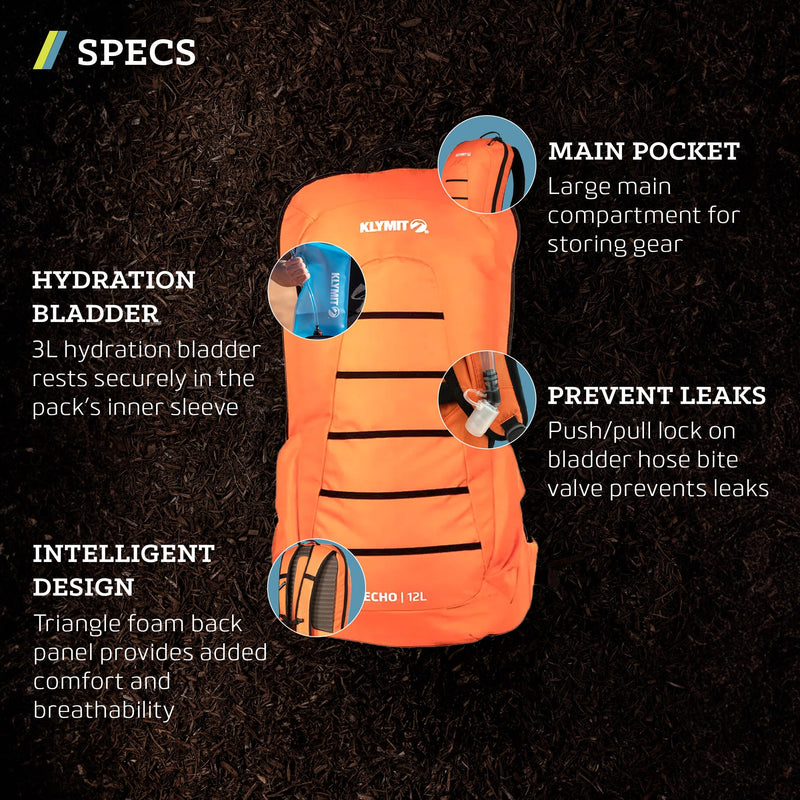KLYMIT Echo 12L Hydration Pack | Hiking Backpack with 3 Liter Hydration Bladder and Large Storage Compartment — Orange/Black - BeesActive Australia