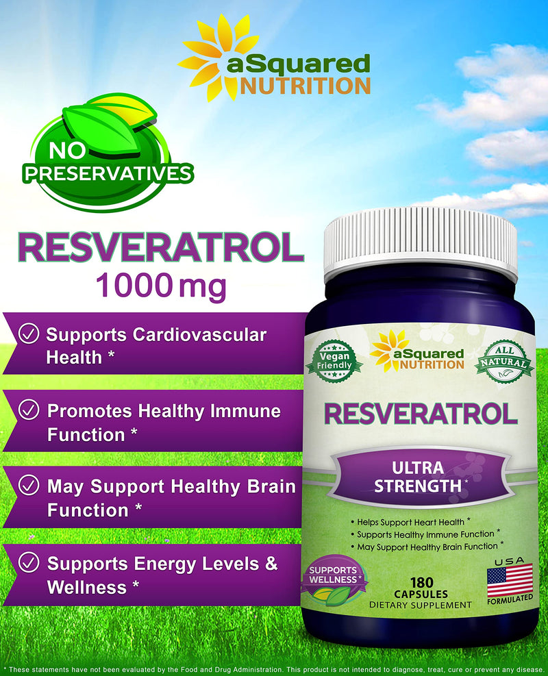 100% Natural Resveratrol - 1000mg Per Serving Max Strength (180 Capsules) Antioxidant Supplement, Trans-Resveratrol Pills for Heart Health & Pure, Polyphenols (Pack of 2) 180 Count (Pack of 2)