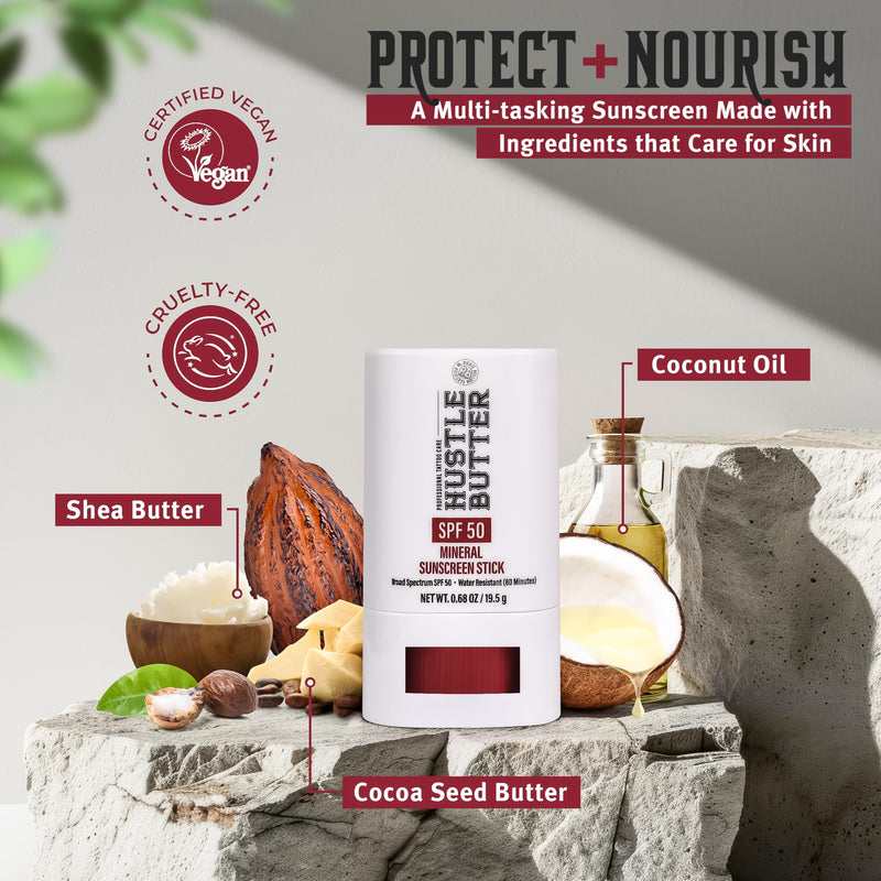 Hustle Butter Tattoo Aftercare Sunscreen Stick - Tattoo Sunscreen Stick, Fade Protection SPF 50, Hydrating with Shea Butter & Coconut Oil, TSA-Friendly, Water Resistant, Non-Greasy, 0.68 oz 0.68 Ounce (Pack of 1)