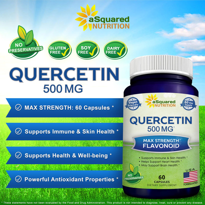 Quercetin 500mg Supplement - 60 Capsules - Dihydrate Powder Complex Pills | Max Strength Quercetin Dihydrate Supplements to Support Cardiovascular Health & Help Improve Immune Response 60 Count (Pack of 1)