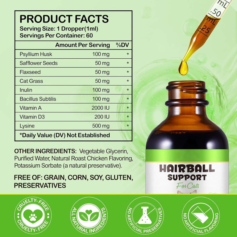 Hairball Remedy for Cats, Cat Hairball Treatment, Hair Ball Relief Digestive Aid, Promotes Healthy Digestion, Natural Passage of Hairballs, Furball Control Drops for All Ages & Breeds 60ml