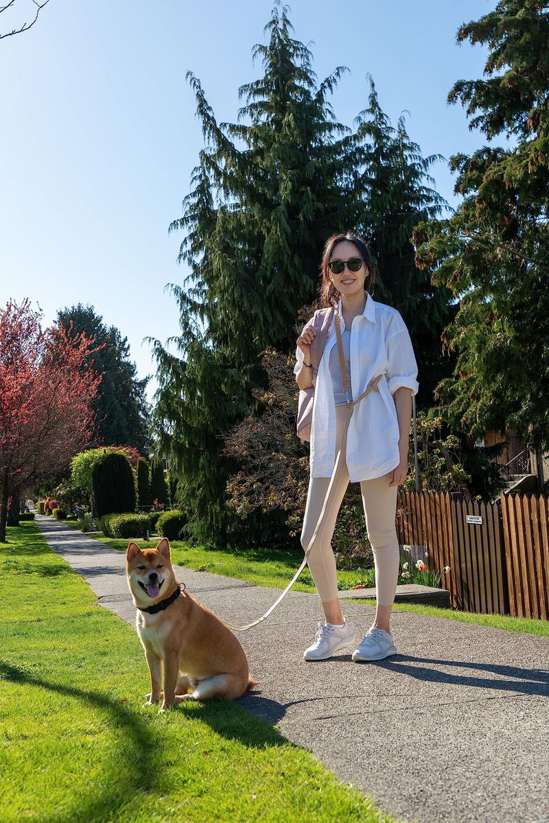 Heavy Duty Hands Free Dog Leash for Medium to Large Dogs for Comfortable Running, Jogging Walking | Dual D-Rings | Soft Padded Traffic Handle | Both Ends 360 Rotating Carabiners (Leash Length 7.7 ft) Beige Dual Side Ring - 7.7 ft - BeesActive Australia
