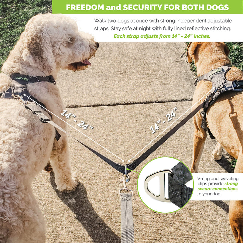 Double Dog Leash with Dual Adjustable Leads, 14 Inch to 24 Inch for Medium and Large Dogs, No Tangle Coupler is Perfect for Walking or Running with Two Dogs, Reflective for Visibility at Night No Handle - BeesActive Australia