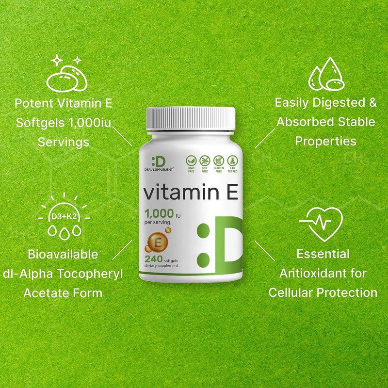 DEAL SUPPLEMENT Vitamin E Supplements, 1,000 IU Per Serving, 240 Softgels – Extra Strength Antioxidant Protection – Bioavailable Stable Form – Skin, Heart, Brain, & Immune Support – Non-GMO - BeesActive Australia
