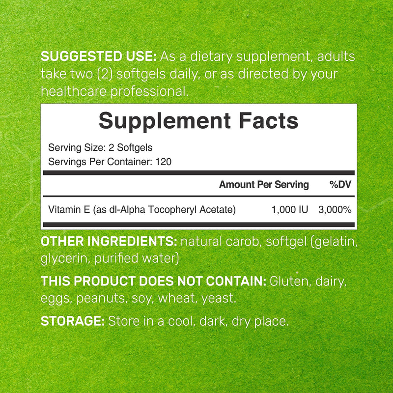 DEAL SUPPLEMENT Vitamin E Supplements, 1,000 IU Per Serving, 240 Softgels – Extra Strength Antioxidant Protection – Bioavailable Stable Form – Skin, Heart, Brain, & Immune Support – Non-GMO - BeesActive Australia