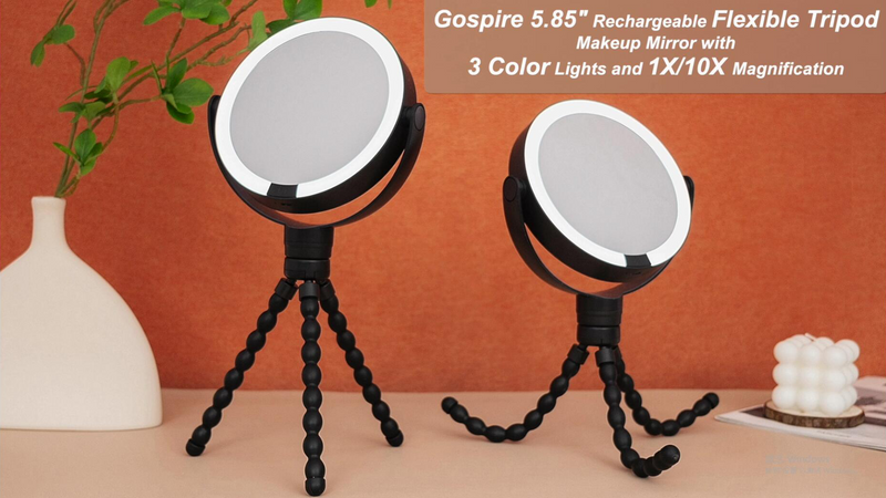 Gospire 5.85” Tripod Travel Makeup Mirror with Light and Magnification Black