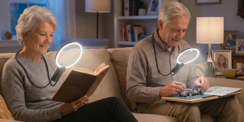 MAGNIPROS Hands-Free Magnifying Glass with Light for Seniors, 5X/10X Rechargeable GooseNeck Magnifier, 3 Color Light Modes, LCD Display, Reading, Sewing, Crafts