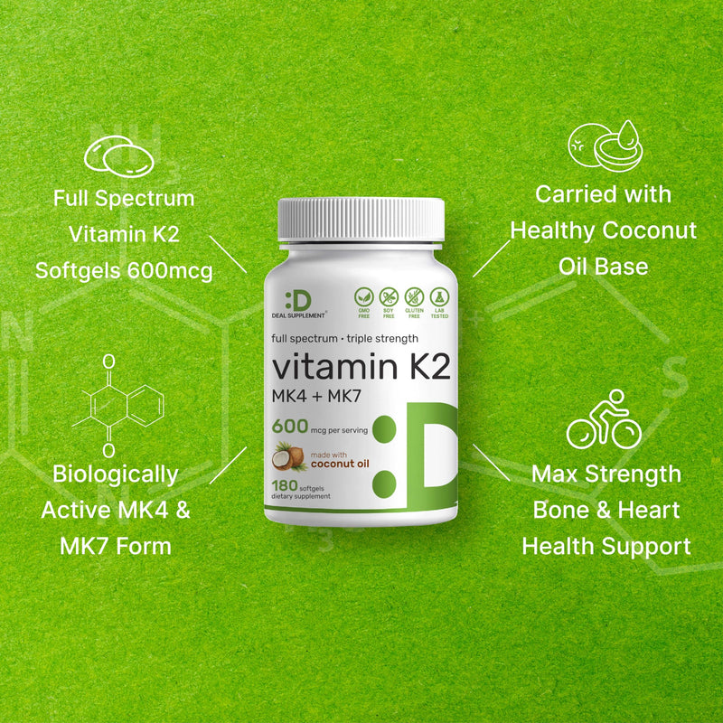 Vitamin K2 Supplement 600mcg, 180 Virgin Coconut Oil Softgels (6 Month Supply) – Full Spectrum MK-7 & MK-4 Forms, High Absorption, Triple Strength K Vitamins – Bone, Joint, & Immune Support – Non-GMO Vitamin K2 MK7 + MK4 - BeesActive Australia
