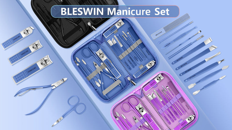 Manicure Set 16Pcs Professional Stainless Steel Pedicure Kit Mens Grooming Kit Fingernail & Toenail Clippers Set Manicure Kit with Luxurious Travel Bag, Sharp Nail Scissors and Clipper (Purple) 16Pcs-Purple