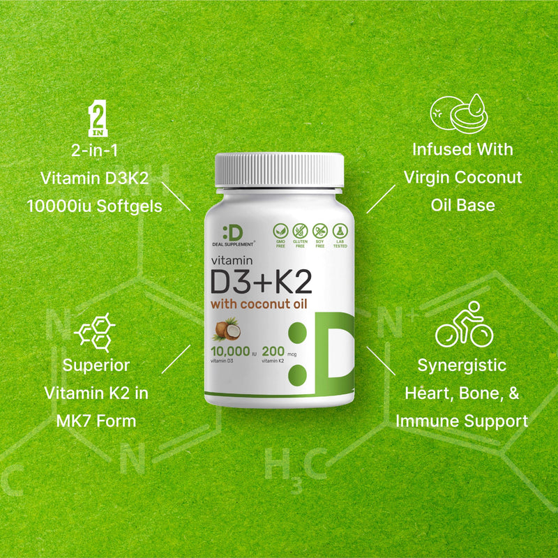 Sunshine Vitamin D - Vitamin D3 10000 IU with K2 MK7 200mcg, Infused with Virgin Coconut Oil, Support Healthy Bones, Teeth and Immune System - Easy to Swallow D3 10000 IU + K2 MK7 200 mcg 250 Count (Pack of 1) - BeesActive Australia