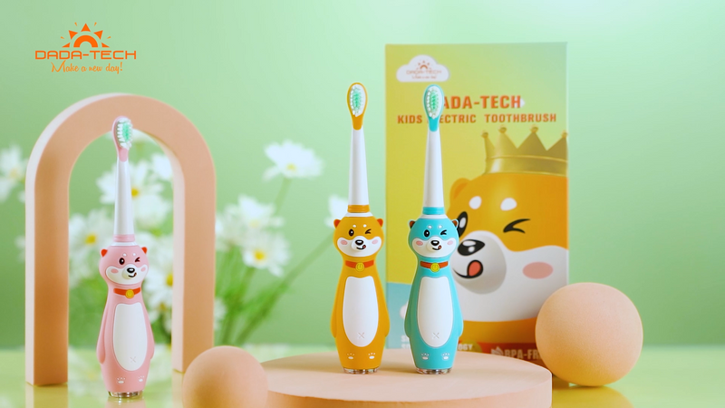 DADA-TECH Kids Electric Toothbrush Rechargeable, Sonic Silicone Teeth Brush with Timer for Children Boys Girls Ages 3+, 3 Modes with Memory, 4 Soft Brush Heads (Blue Shiba Inu Dog) Blue