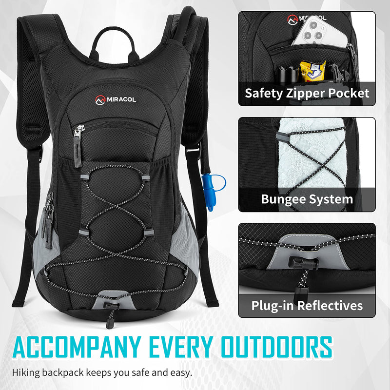 MIRACOL Hiking Hydration Backpack with 2L Leak Proof Water Bladder, Lightweight Insulated Water Pack for Men & Women, Compact & Comfortable Daypack for Running Hiking Cycling Climbing Camping Biking Black