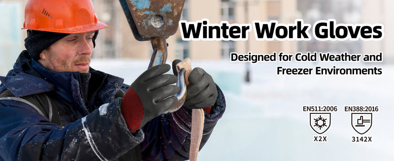 Schwer 3 Pairs Winter Work Gloves, 3/4 Double-Dipped Coating, CR3313, M Black-red Medium