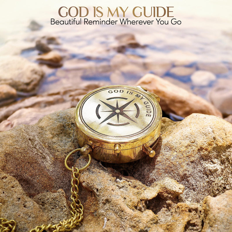 God is My Guide Brass Compass Gift with Display Box - Engraved Scripture Prayer Compass Religious Gift for Men & Women - Baptism, Confirmation, Communion Compass for Boys Graduation Gift Polished Brass - BeesActive Australia