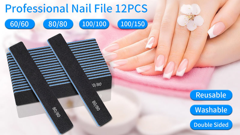 12 Pcs Professional Nail Files, 60/60 Grit Nail Files for Acrylic Nails Gel Nails, Double Sided Emery Board for Nails, Reusable & Washable Coarse Nail File for Home and Salon Use 60/60 Grit for False Nails