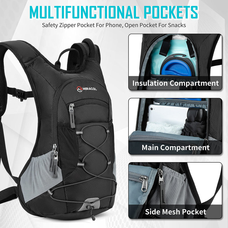 MIRACOL Hiking Hydration Backpack with 2L Leak Proof Water Bladder, Lightweight Insulated Water Pack for Men & Women, Compact & Comfortable Daypack for Running Hiking Cycling Climbing Camping Biking Black