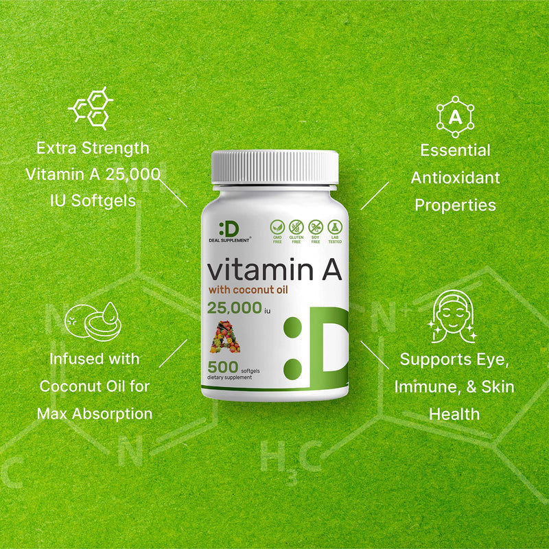 DEAL SUPPLEMENT High Potency Vitamin A 25000 IU, 500 Coconut Oil Softgels | Easily Absorbed, Natural Fish Liver Oil Source – Vitamins for Eye, Immune, & Skin Health – Easy to Swallow, Non-GMO - BeesActive Australia