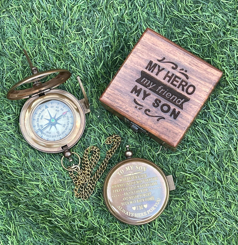 Son Gifts Mom and Dad, to My Son Compass Comes Grain Leather Case Brass Nautical - Personalized Sundial Compass, Birthday Gifts, Graduation Gifts Wooden Box - BeesActive Australia