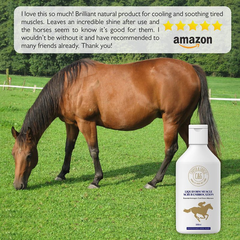 C&G Pets Horse Liquiform Muscle Scrub Embrocation 500ml – Natural Therapeutic Wash with Antiseptic & Antibacterial Properties by Cooper and Gracie | Fast-Absorbing Relief, Prevents Sweat Itch 500 ML