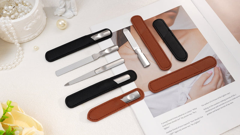 3 Pcs Stainless Steel Nail File Kit with Leather Case, Double Sided, Pink