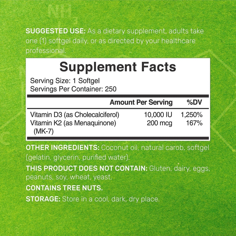 Sunshine Vitamin D - Vitamin D3 10000 IU with K2 MK7 200mcg, Infused with Virgin Coconut Oil, Support Healthy Bones, Teeth and Immune System - Easy to Swallow D3 10000 IU + K2 MK7 200 mcg 250 Count (Pack of 1) - BeesActive Australia