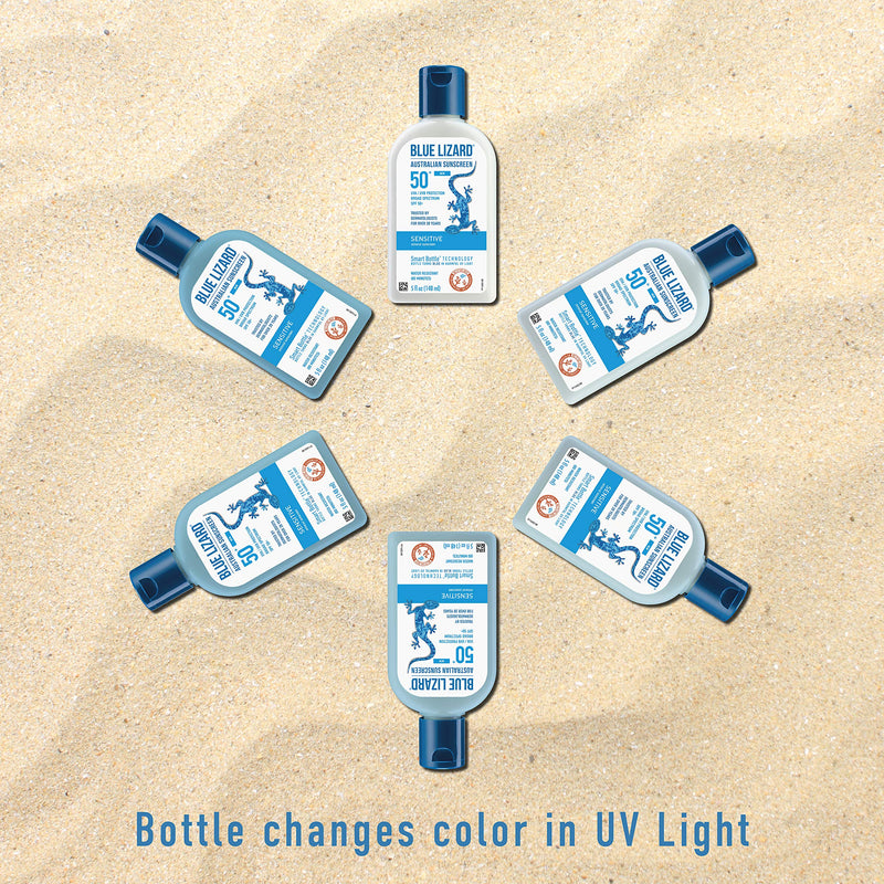 BLUE LIZARD Sensitive Mineral Sunscreen with Zinc Oxide, SPF 50+, Water Resistant, UVA/UVB Protection with Smart Bottle Technology - Fragrance Free, 5 oz SPF 50+ 5 Fl Oz (Pack of 1) - BeesActive Australia