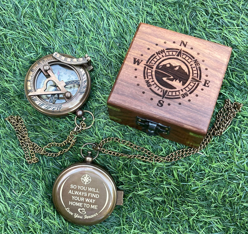 So You Can Always Find Your Way Back to Me - Personalized Sundial Compass with Wooden Box Luxury Gift - Anniversary Sundial Compass - Brass Compass Personalised Gifts for Men