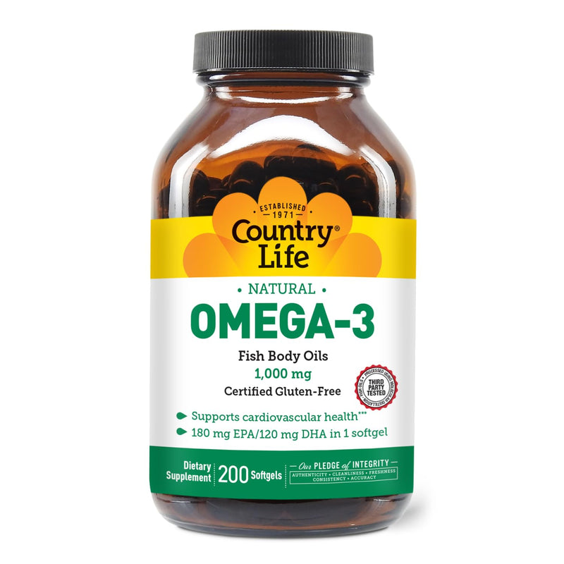 Country Life Omega-3 Fish Oil 1000 mg, EPA DHA, 200 Softgels | Burpless formula provides 180 mg EPA and 120 mg DHA per softgel for cardiovascular support Unflavored 200 Count (Pack of 1)