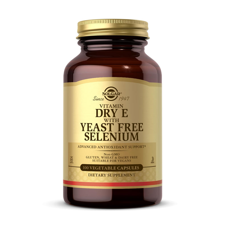 Solgar Dry Vitamin E with Yeast-Free Selenium - 100 Vegetable Capsules - Advanced Antioxidant Support - Non-GMO, Vegan, Gluten Free, Dairy Free, Kosher - 50 Servings 100 Count (Pack of 1)