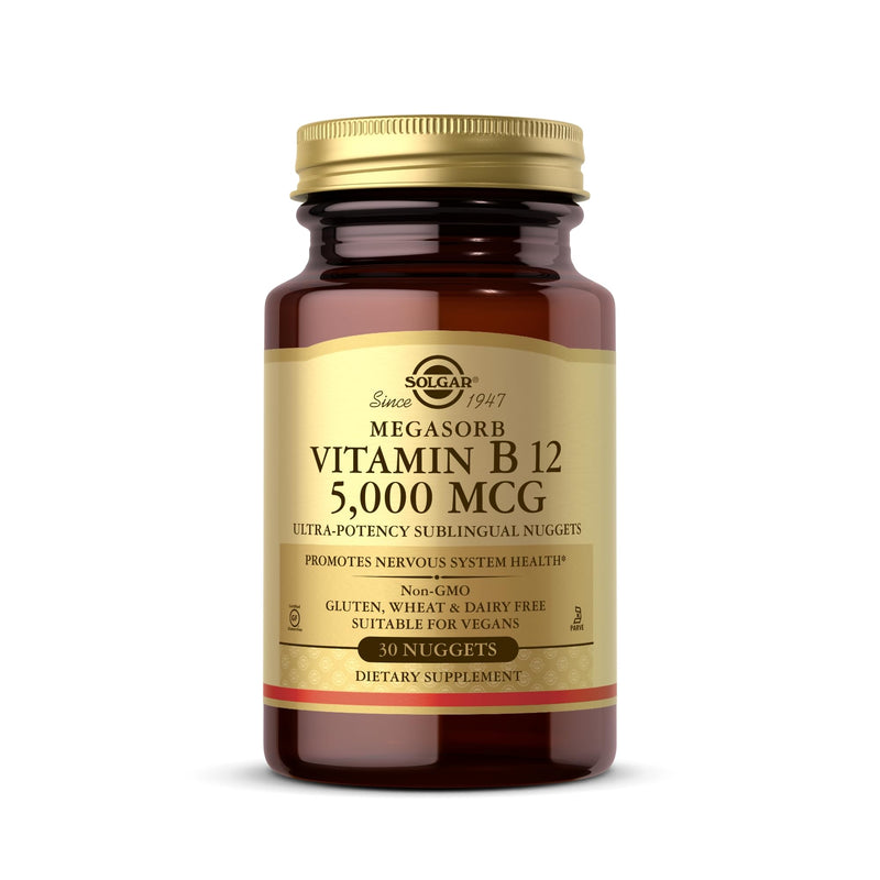 Solgar Vitamin B12 5000 mcg - 30 Nuggets - Promotes Nervous System Health - Non-GMO, Vegan, Gluten & Dairy Free - 30 Servings