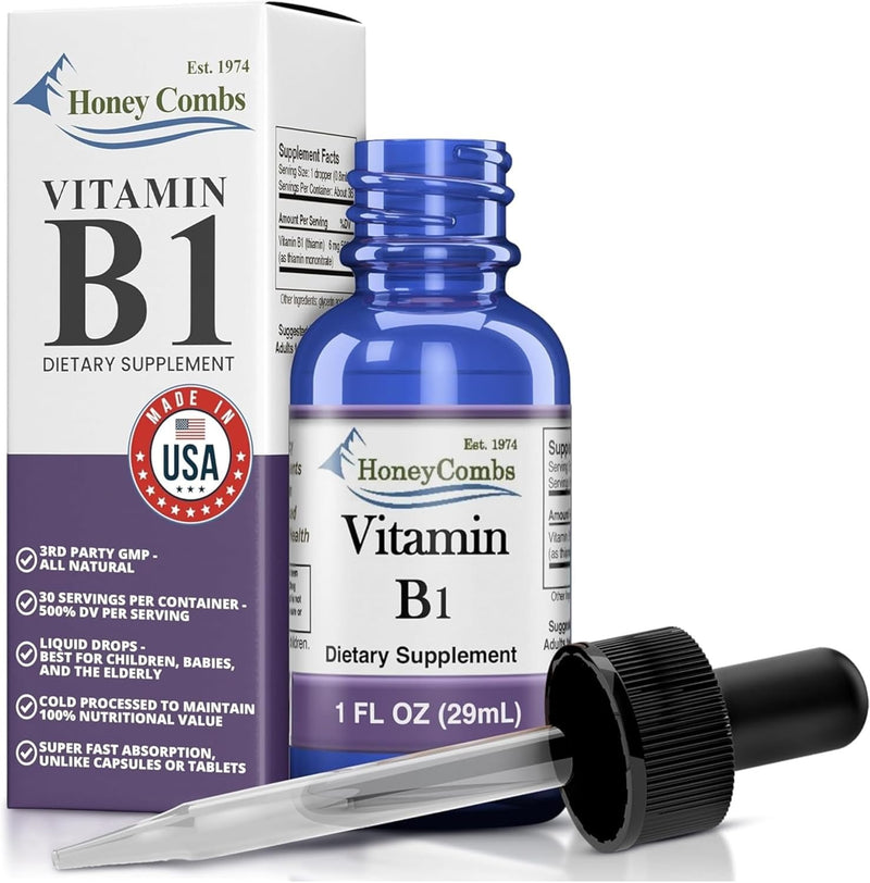 HoneyCombs Vitamin B1 Thiamine Mononitrate Supplement Drops, 1 Fl Oz | liquid Vitamin B1 drops for natural energy support. 500%DV Vegan, alcohol-free, non-GMO Thiamine made in the USA. 1 Ounce (Pack of 1)