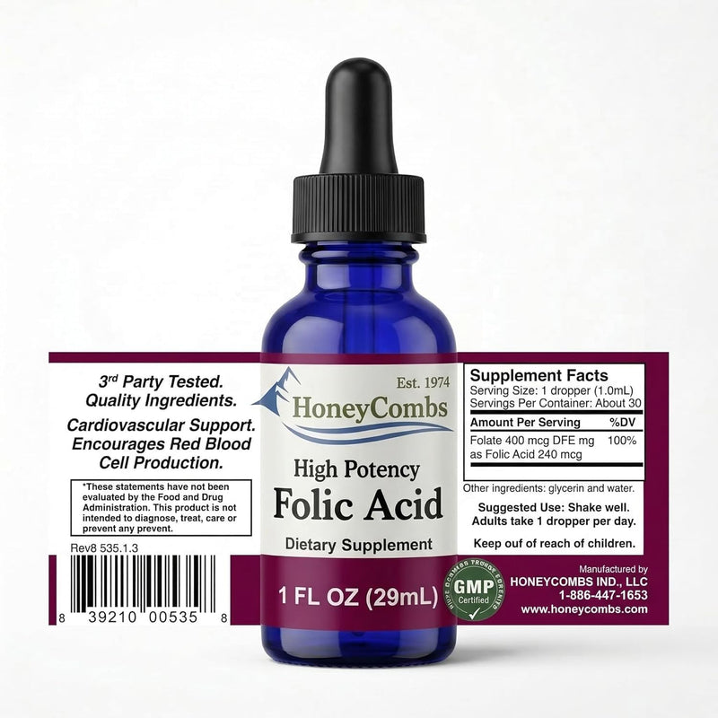 HoneyCombs Prenatal Folic Acid Liquid Drops, 1oz | Folate B9 Supplement, Pregnancy Support and Energy, Alcohol Free Vegetable Glycerin Base, Vegan, Made in USA, 36 Servings 1 Fl Oz (Pack of 1)